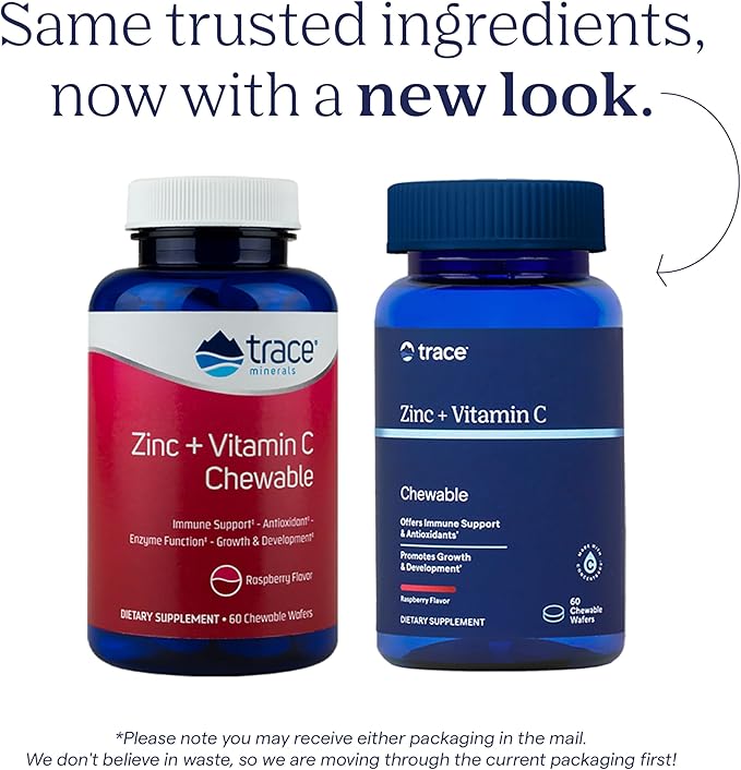 Trace Minerals Zinc Plus Vitamin C - Chewable Multivitamin for Enzyme Function & Healthy Growth Support - Vitamin & Mineral Supplement for Immune Health - Raspberry, 60 Chewable Wafers (60 Servings)