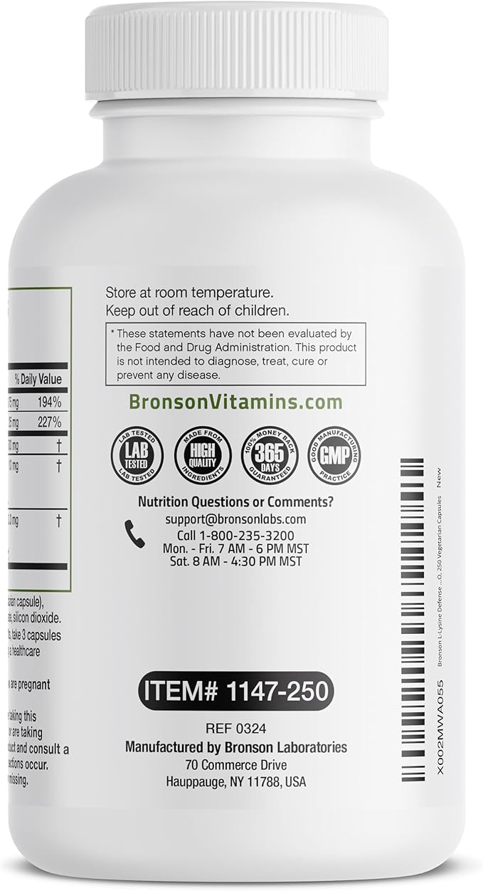 Bronson L-Lysine Defense Immune Support Complex 1500 MG L-Lysine Plus Olive Leaf, Garlic, Vitamin C and Zinc - Non-GMO, 250 Vegetarian Capsules