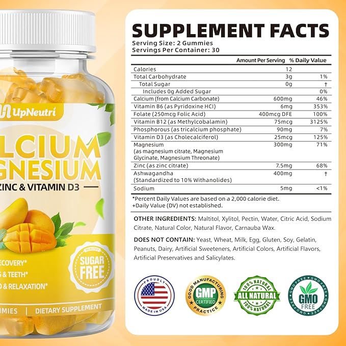 Calcium Magnesium Zinc with Vitamin D3 Supplement, Sugar Free Calcium Gummies for Women Men, High Absorption Zinc Gummies for Bone & Muscle & Immune Health, Vegan Mango Flavor - 120 Count