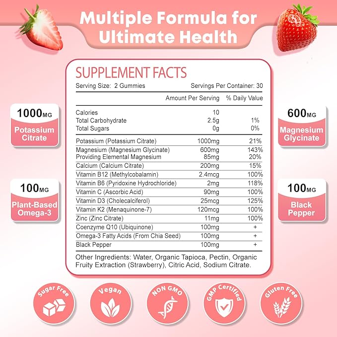 Potassium Magnesium Supplement Gummies for Adults Kids, Magnesium Glycinate Gummies 600mg & Potassium Citrate 1000mg, Plus Multivitamin,Omega-3 & Black Pepper, Leg Cramps, Muscle & Heart Health, 120ct