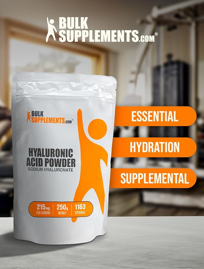BulkSupplements.com Hyaluronic Acid Powder - Hyaluronic Acid Supplements, Hyaluronic Acid 215mg - Hyaluronic Acid Food Grade, Gluten Free - 215mg per Serving, 250g (8.8 oz) (Pack of 1)