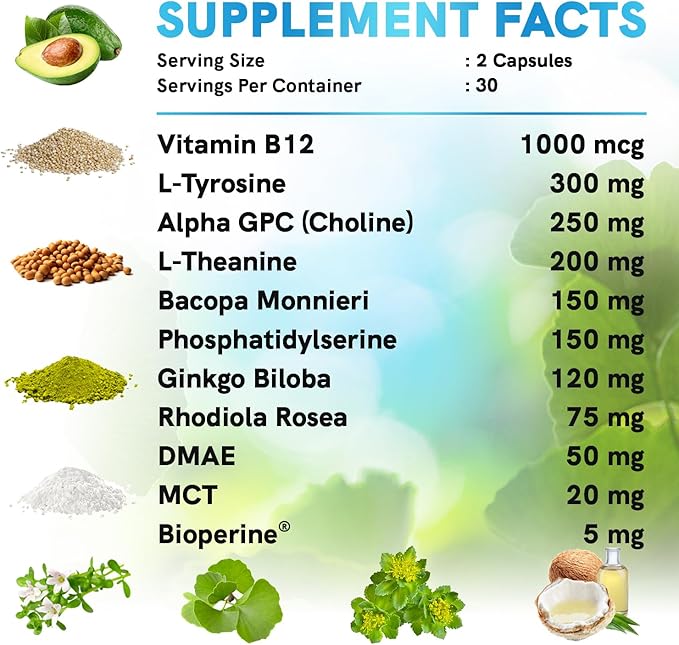 11-in-1 Nootropic Brain Supplements: Memory & Focus Supplement with Ginkgo Biloba, L Theanine, Bioperine, & Alpha GPC Choline - 1321mg, 60ct - Stimulant Free, Vegan - Focus Brain Support (3 pack)