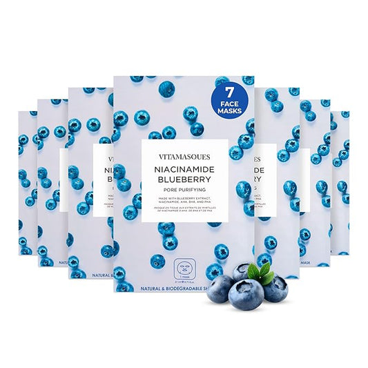 Vitamasques Niacinamide Blueberry Face Sheet Mask 7 Pack - Pore Purifying Korean Face Mask Improves Uneven Skin Tone & Reduces Blemishes