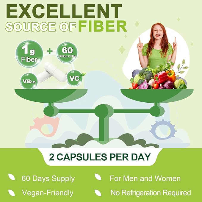 Probiotics for Women & Men Digestive Health with Prebiotic Fiber - Fiber Supplement with 60 Billion Probiotic for Regularity & Gut Cleanse - Supports Occasional Constipation - 120 Veggie Capsules