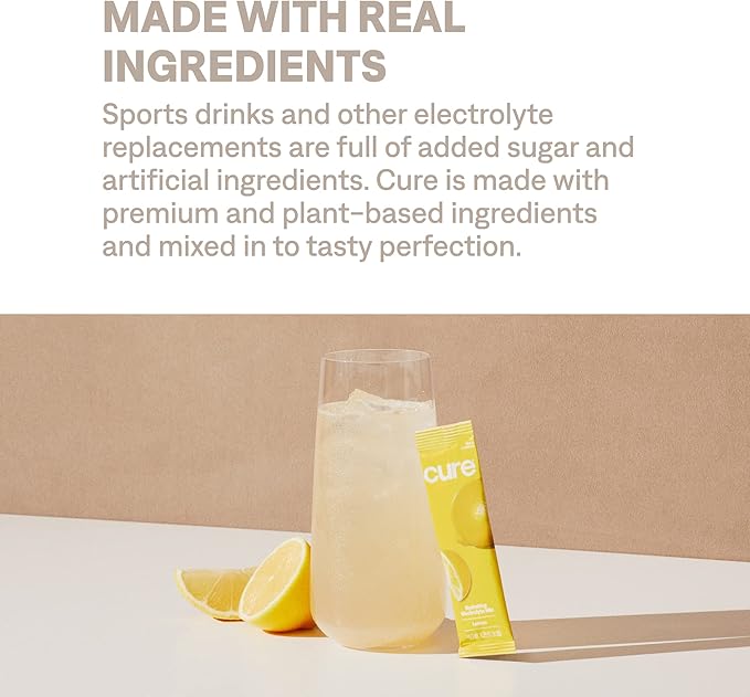 Cure Hydration | Plant-Based Electrolyte Drink Mix | No Added Sugar | FSA & HSA | Dehydration Relief Powder Made with Coconut Water | Non-GMO | Vegan | Box of 8 Packets - Lemonade