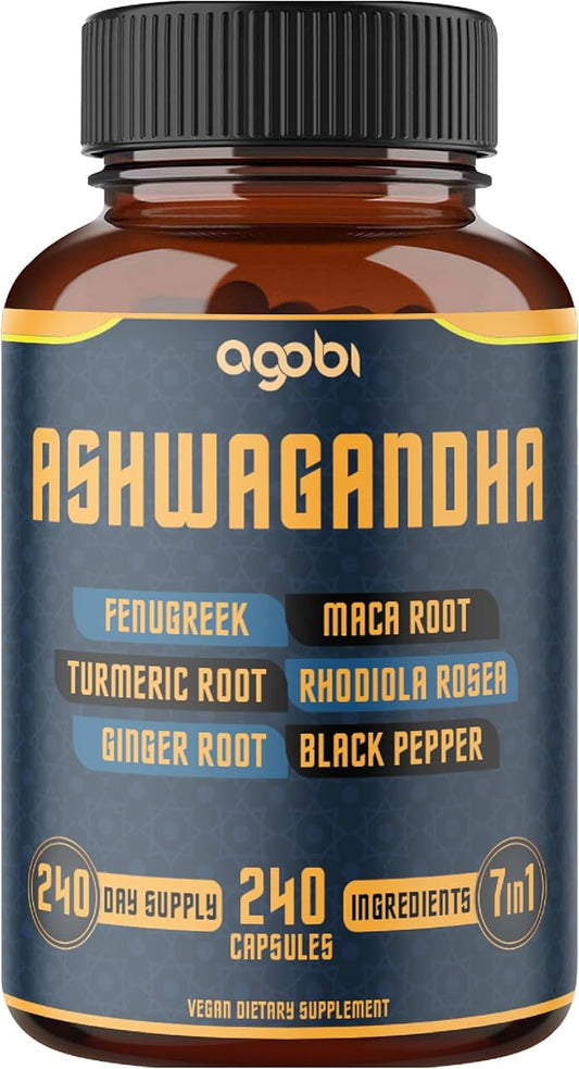 240 Capsules - 8 Month Supply - 7in1 Ashwagandha 8050mg - Combined with Fenugreek, Maca, Turmeric, Rhodiola, Ginger, and Black Pepper - Mood, Strength, Spirit and Energy Support Supplement