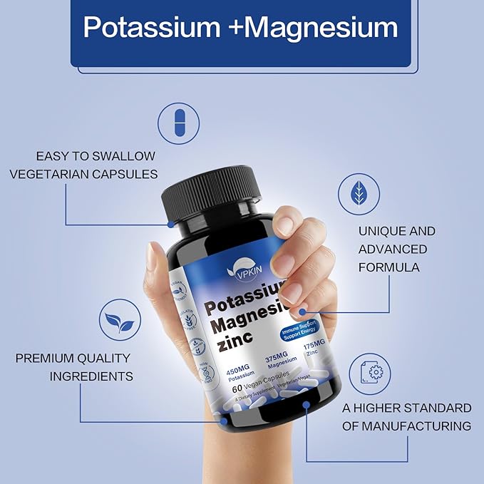 Potassium Magnesium Supplement 1000mg,Magnesium Potassium Zinc for Leg Cramps,High Absorption Magnesium Complex,Vegan (60 Capsules)