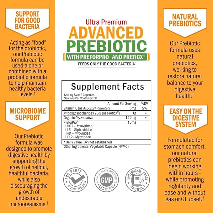 Prebiotics for Advanced Gut Health - Immune System Support & Dietary Fiber - Fuels Good Bacteria Growth to Promote Digestive Health - Gas & Digestion Support - Probiotics for Men & Women - 60 Capsules