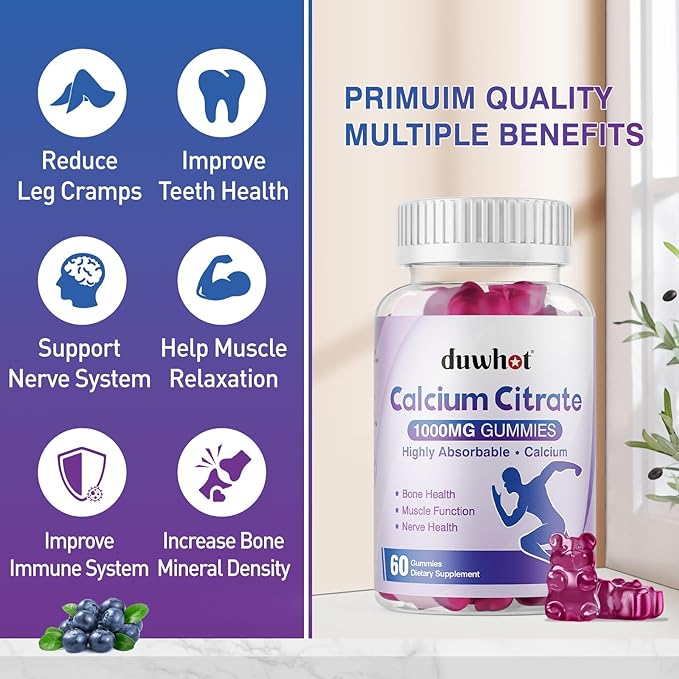 Calcium Citrate Gummies, Chewable Calcium Citrate 1000mg for Bone, Muscle & Immune Support, Ultimate Absorption Calcium Supplements for Women & Men, Blueberry, 60 Chews