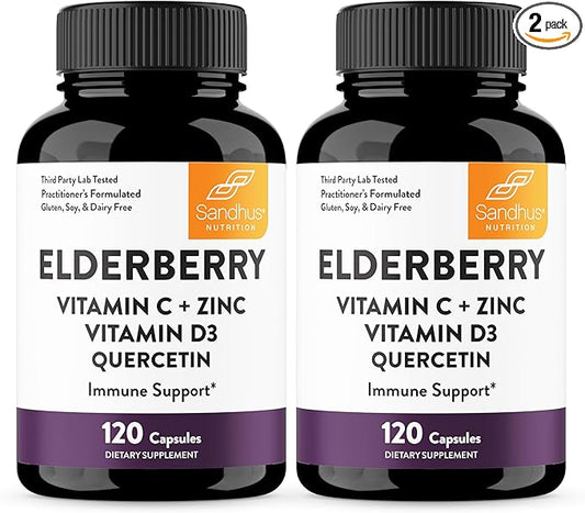 Elderberry Vitamin C and Zinc 120 Capsules (Pack of 2) | with Quercetin and Vitamin D3 | Immune Support for Adults | Herbal Supplement for Men and Women