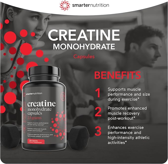 Smarter Nutrition Creatine Monohydrate Pills with 2500mg (2.5g) Per Serving, Vegan Capsules - Pre & Post Workout Recovery Support, Promotes Muscle Mass &. Endurance - 120 Count[60-Day Supply]