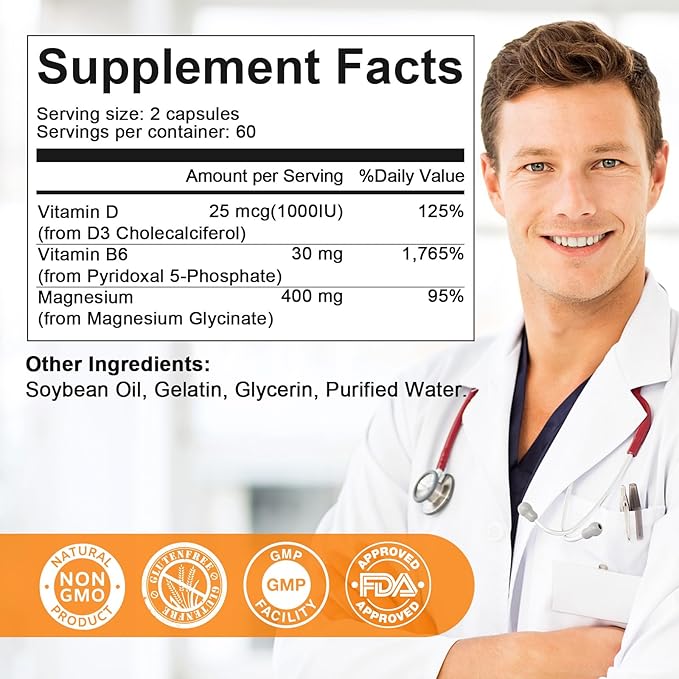 Magnesium Supplement Softgels, Easy Absorption Magnesium Glycinate 400mg with Vitamin B6,D3, High Bioavailability Magnesium for Sleep & Calm Support, Nervous, Muscle & Bone Health