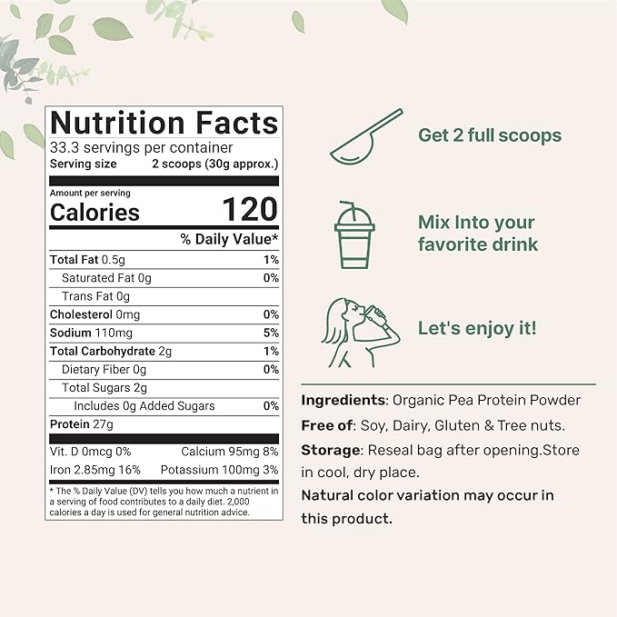 Micro Ingredients North America Grown, Organic Pea Protein Powder, 1KG (2.2 Pounds) | Plant-Based Vegan Protein, Meatless Protein Supplement, Rich in Branched Chain Amino Acids | Non-GMO, Soy Free