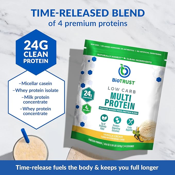 BioTrust Low Carb Protein Powder – Natural and Delicious Whey & Casein Blend from Grass-Fed Hormone Free Cows – Non GMO, Soy Free, Gluten Free, Hormone Free (Vanilla, 3-Pack)