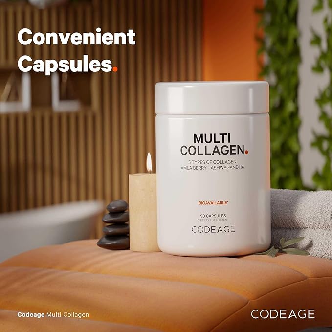 Codeage Multi Collagen Peptides Protein Capsules, 5 Collagen Types, Grass-Fed & Hydrolyzed Bovine Collagen Pills Supplement, Ashwagandha, Amla Berry Vitamins, Collagen Peptides - 90 Capsules
