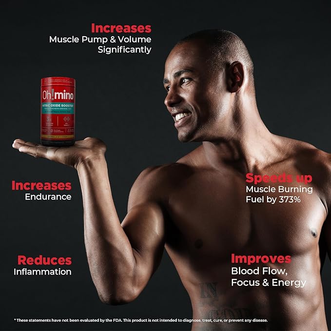 Oh!mino Nitric Oxide Supplement Activator Booster, Triple Strength L-Arginine for Energy, Endurance, Muscle Growth Builder, Pre Post Workout Pills - Natural Beet Root Powder, 30 Servings 120 Capsules