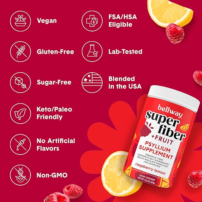 Bellway Super Fiber Powder + Fruit (5 Pack), Sugar Free Organic Psyllium Husk Powder Fiber Supplement for Regularity, Bloating Relief & Gut Health, Non-GMO, Plant-Based, Raspberry Lemon (250 Servings)