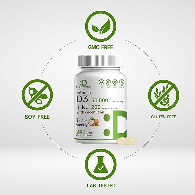 DEAL SUPPLEMENT Vitamin D3 50,000 IU + K2 MK7 200 mcg,240 Softgels | Virgin Coconut Oil, Max Strength Vitamin D & K, Promotes Heart, Bone, & Teeth Health – One Softgel Weekly, Easy to Swallow