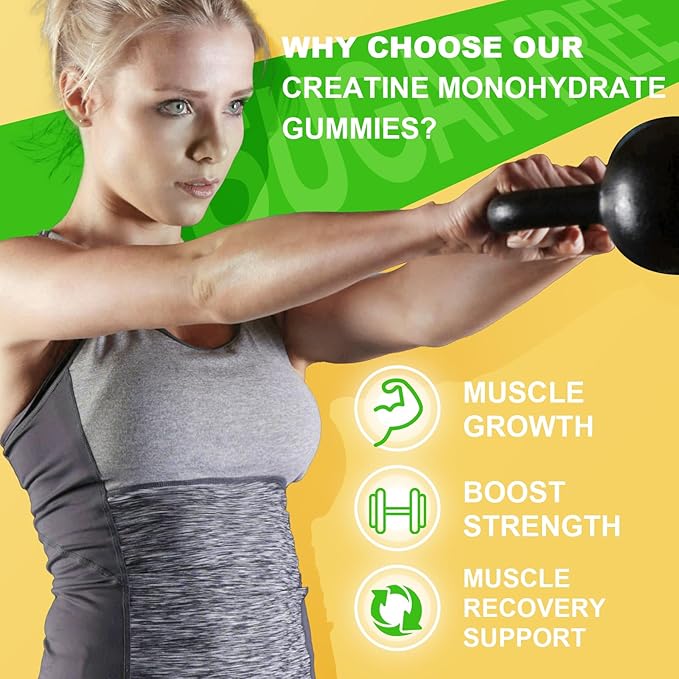 Creatine Monohydrate Gummies for Men & Women, Chewables Creatine Monohydrate for Muscle Strength, Muscle Builder, Energy Boost, Sugar Free, Vegan, Mango Flavor-60 Count