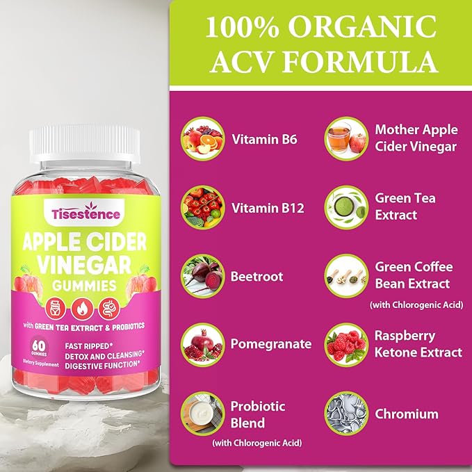 Mother Apple Cider Vinegar Gummies, Keto ACV Gummies 2000MG - Cleanse & Detox, Max Strength ACV Gummies with Green Tea, Raspberry, B12 and Probiotics for Metabolism & Digestive Health -Packs of 3