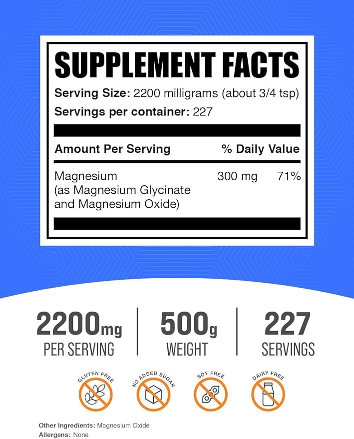 BulkSupplements.com Magnesium Glycinate Powder - Magnesium Bisglycinate, Magnesium Supplement, Magnesium Glycinate 400mg - Gluten Free - 2200mg per Serving, 500g (1.1 lbs) (Pack of 1)