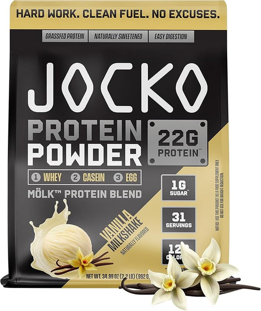 Jocko Mölk Whey Protein Powder 22g Protein - Sugar Free Monk Fruit Blend - Muscle Recovery & Growth, Packaging May Vary (31 Servings, Vanilla Milkshake)