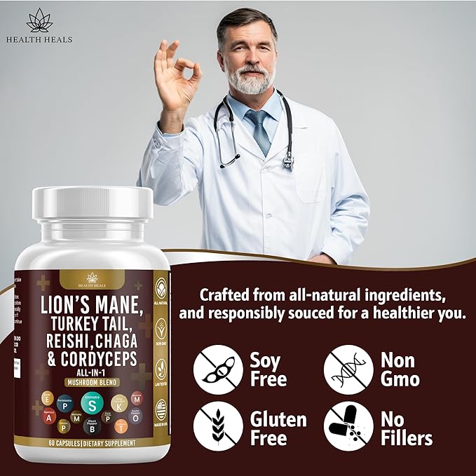 Mushroom Supplement with Turkey Tail 2000mg Reishi 1000mg Cordyceps Chaga 1000mg with Marshmallow Root - 60 Count