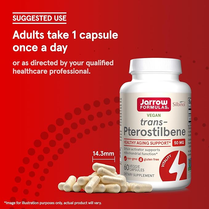 Jarrow Formulas Pterostilbene 50mg for Antioxidant Support, Dietary Supplement Supports Healthy Aging, 60 Veggie Capsules, 60 Day Supply