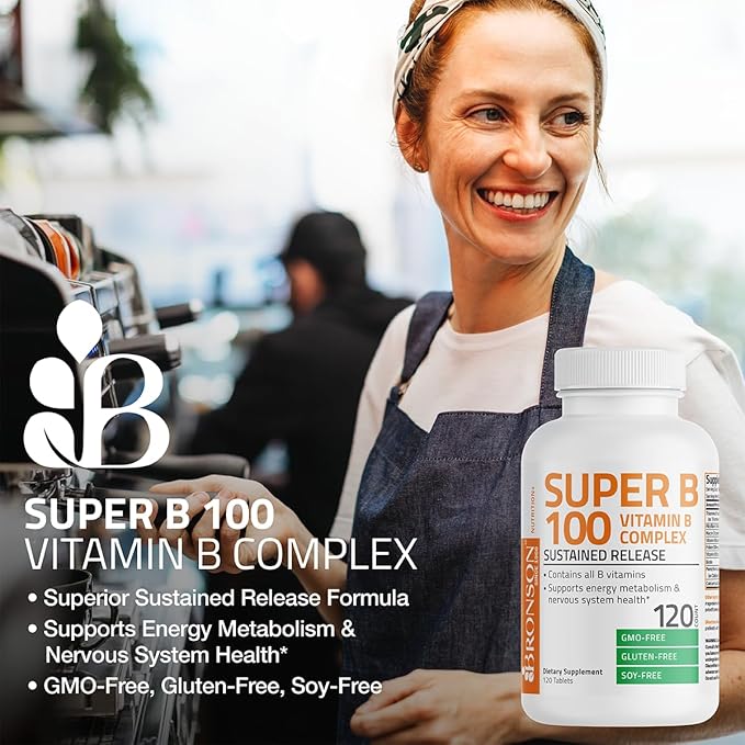 Bronson Vitamin B 100 Complex High Potency Sustained Release (Vitamin B1, B2, B3, B6, B9 - Folic Acid, B12), 120 Tablets
