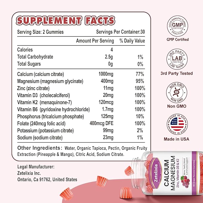 Calcium Gummies for Women Men, Calcium Magnesium Zinc with Vitamin D3 & K2, Calcium Magnesium Supplement for Bones Muscles and Joints, Grape Flavor - 120 Count