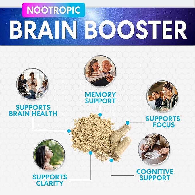 Brain Supplement Memory Pills - Nootropics Support for Concentration, Clarity, Energy & Focus - Brain Health with Bacopa, Cognitive Vitamins, Phosphatidylserine, DMAE - Brain Booster - 60 Capsules