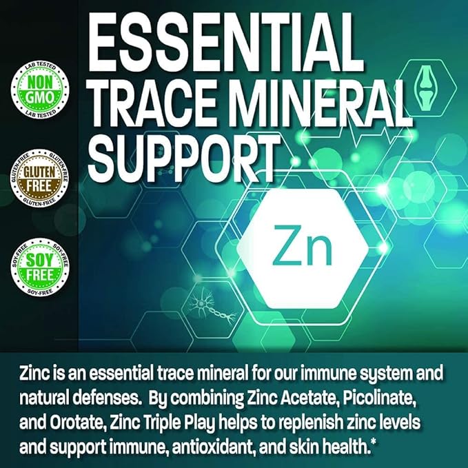 Bronson Zinc Triple Play 30 mg Triple Coverage Immune Support Zinc Supplement with Zinc Acetate, Picolinate & Orotate - Immune, Antioxidant & Skin Health Support - 250 Vegetarian Capsules