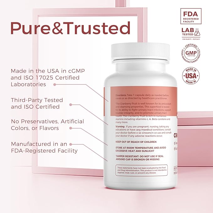 Cranberry Pills 475mg | 60 Vegan Capsules for Urinary Tract Health & Bladder Support, Concentrated Cranberry Powder, Non-GMO, Sugar-Free Cranberry Supplement, 2-Month Supply