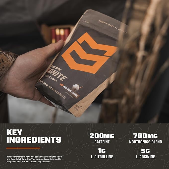 MTN OPS Hot Ignite Coffee Alternative | Mountain Mocha Flavor | Instant Coffee Nootropic & L-Arginine L-Citrulline Blend for Cognitive Clarity, & Focus | 200mg Caffeine | 30 Servings