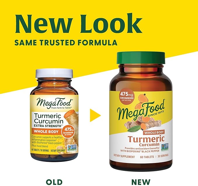 MegaFood Turmeric Curcumin Extra Strength - Whole Body - Turmeric Curcumin with Black Pepper - 475mg Curcuminoids - Holy Basil, Tart Cherry - Made Without 9 Food Allergens - 90 Tabs (45 Servings)