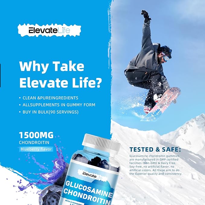Glucosamine Chondroitin Gummies - Extra Strength Joint Support Supplement with MSM & Elderberry for Natural Joint, Antioxidant Immune Support for Adults, Men & Women 90 Blueberry Gummies