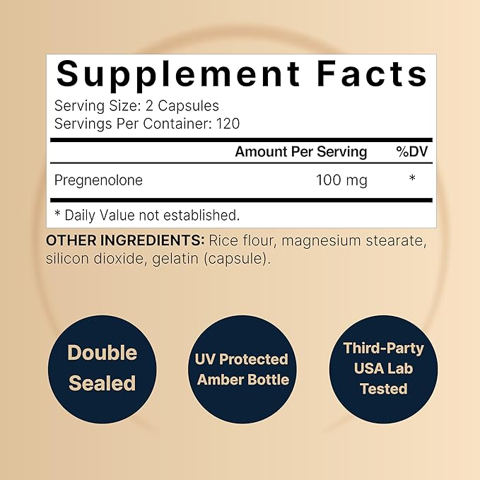 Pregnenolone 100mg, 240 Capsules | 99% Purity, Micronized Grade for Higher Absorption, Plant Based – Natural Precursor, Brain, & Immune Health Supplement – Non-GMO, Soy Free