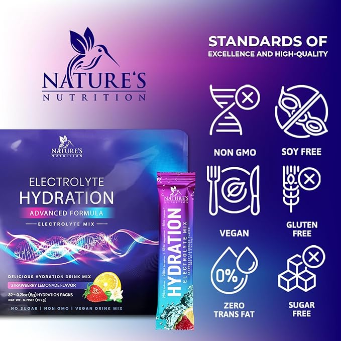 Electrolytes Powder Hydration Packets | Sugar Free Recovery Electrolyte Drink Mix Powder Replenisher in Convenient On the Go Hydration Packets | Non-GMO, Vegan, Keto, Strawberry Lemonade - 32 Servings