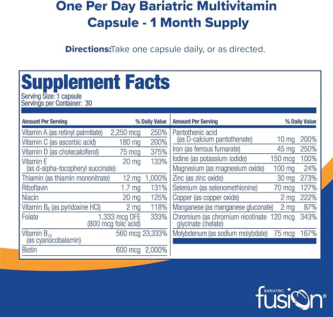 Bariatric Fusion One Per Day Bariatric Multivitamin with Iron | Easy to Swallow Capsule | Vitamin for Bariatric Surgery Patients | Gastric Bypass and Sleeve Gastrectomy | 30 Count | 1 Month Supply