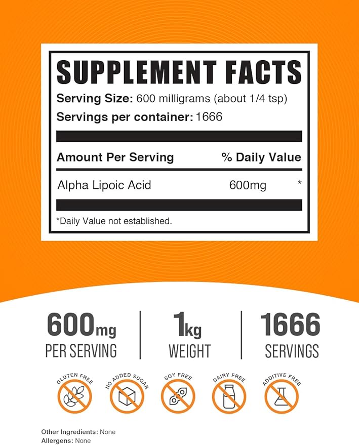 BulkSupplements.com Alpha Lipoic Acid Powder - ALA Supplement, Alpha Lipoic Acid 600mg - ALA Powder, Gluten Free - 600mg of Alpha-Lipoic Acid per Serving, 1kg (2.2 lbs) (Pack of 1)