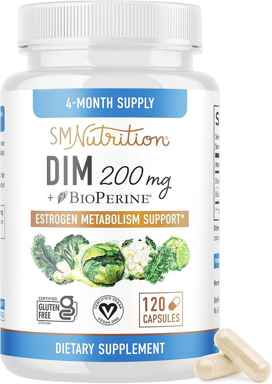 DIM Supplement 200 mg (120 Ct) | Estrogen Balance for Women & Men | Hormone Balance, Hormonal Acne Supplements, Menopause Support, Antioxidant Support, PMS Support | Non-GMO, Vegan, Soy Free