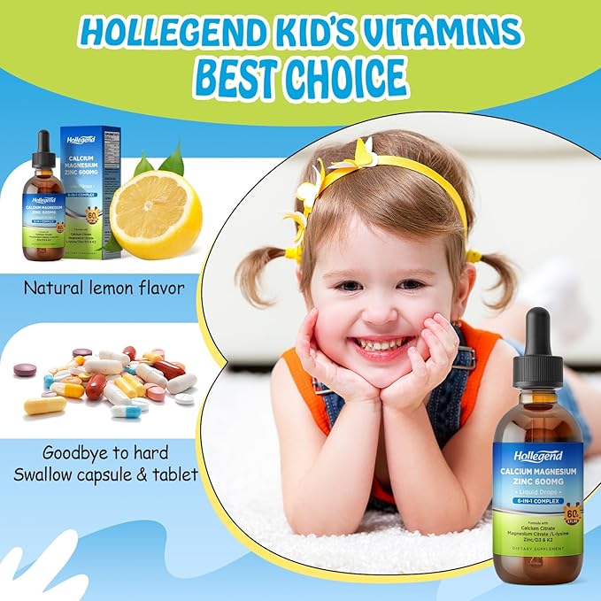 Liquid Calcium Citrate Drops with L-Lysine 500mg, Magnesium & Zinc, Calcium Citrate 600mg Supplement with Vitamin D3 & K2 for Kids & Adults, Muscle & Bone Support, Immune, Brain & Lip Health, 2 Fl Oz