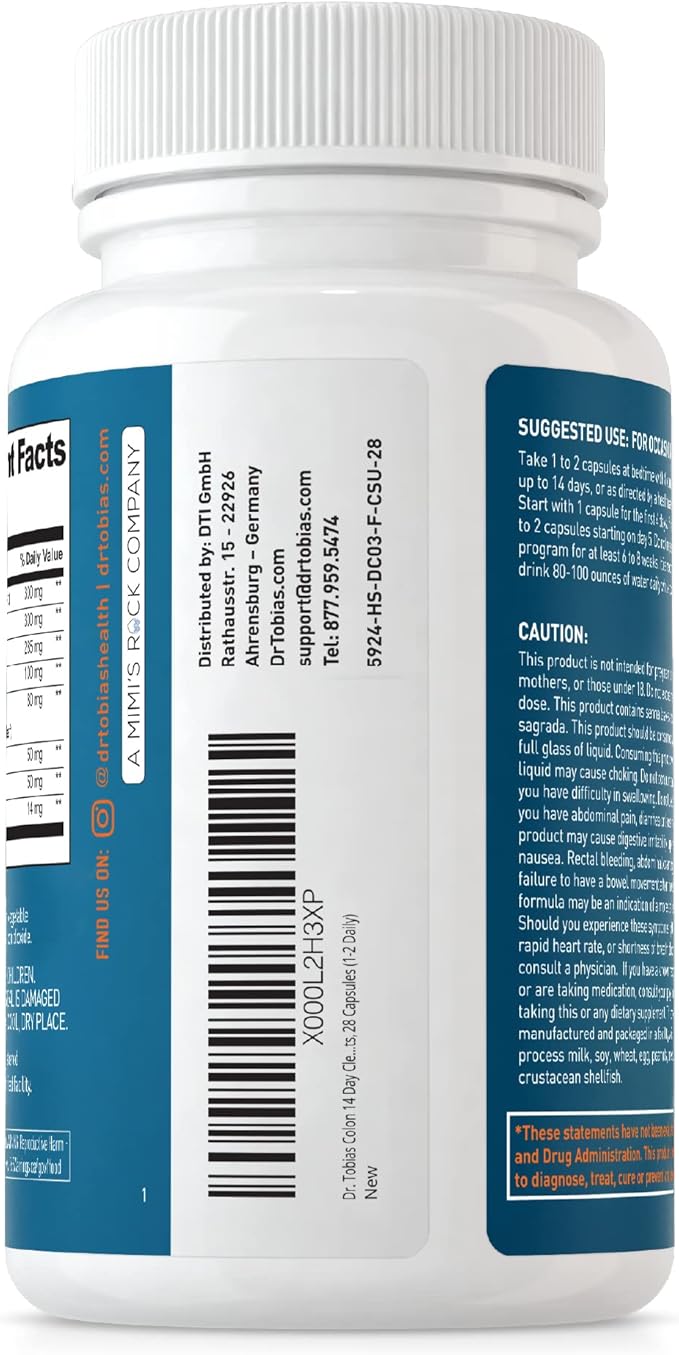 Dr. Tobias Colon 14 Day Cleanse, Advanced Gut Cleanse Detox for Women & Men with Cascara Sagrada, Psyllium Husk, Senna Leaf & Probiotics, Non-GMO Colon Cleanse, 28 Capsules 1-2 Daily