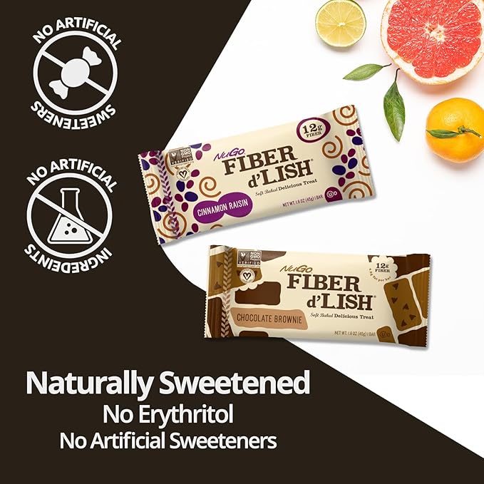 NuGO Fiber d'Lish Cinnamon Raisin, 12g High Fiber, Vegan, 150 Calories, 1.6 Ounce , 16 Count(Pack of 1)
