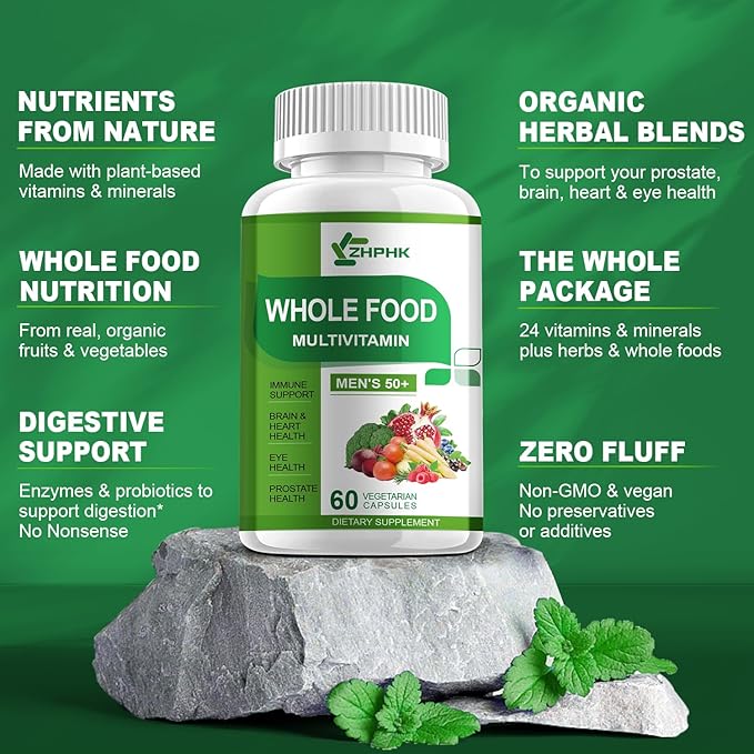 Multivitamins for Men 50 Plus, Whole Food Multivitamin Organic Based Superfoods Supplement for Men 50+ for Brain, Heart and Eye Health, Improve Digestion & Prostate Health, 120 Capsules