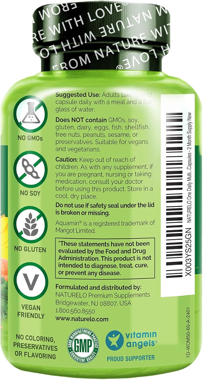 NATURELO One Daily Multivitamin for Women 50+ (Iron Free) - Menopause Support for Women Over 50 - Whole Food Supplement - Non-GMO - No Soy - 60 Capsules - 2 Month Supply