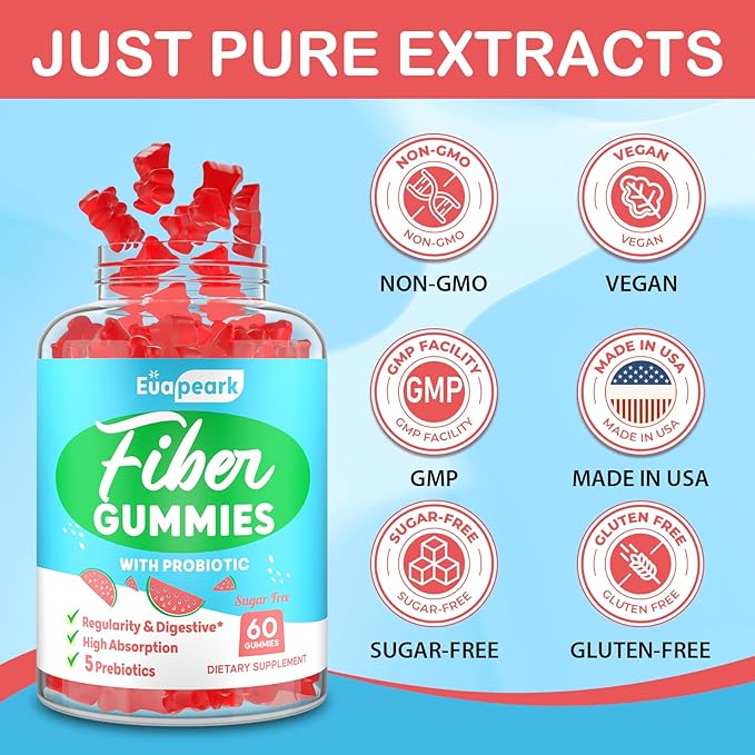 Fiber Gummies for Adults, Fiber Gummies for Women & Men, Fiber Gummies for Regularity, Digestion & Gut Health, 5 Prebiotics Complex, Inulin, Fos, Chicory Root - Fiber 5g, Sugar Free, 5 Packs