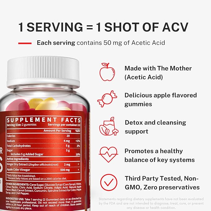 Apple Cider Vinegar Gummies with The Mother - ACV Gummies for Detox, Cleansing & Immune Support - Made with Black Carrot & Ginger Dry Extract - Pectin Based, Non-GMO, Gluten-Free (120 Gummies)