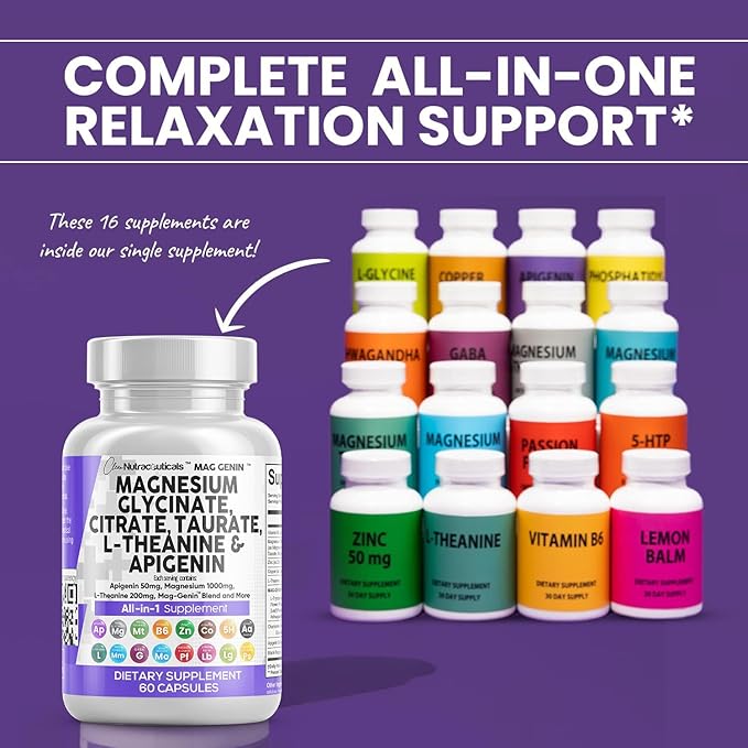 Magnesium Glycinate Complex 1000mg with L-Theanine 200mg Apigenin 50mg Citrate Taurate Supplement - 5-HTP GABA Passion Flower Lemon Balm L-Glycine Phosphatidylserine Ashwagandha - 60 Count