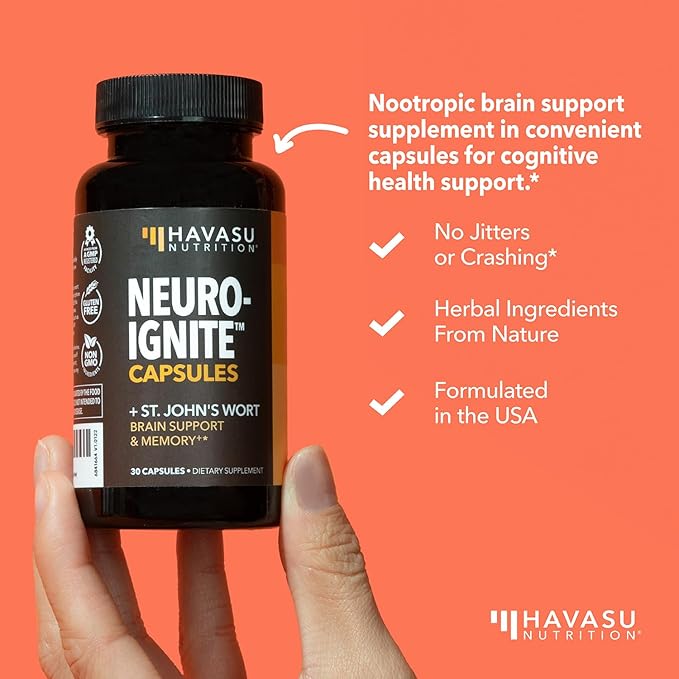 NeuroIgnite Brain Supplements for Memory and Focus Support with St Johns Wort & Ginkgo Biloba - Nootropics Brain Support Supplement - Cognitive & Memory Supplement for Brain Health - 2 Month Supply